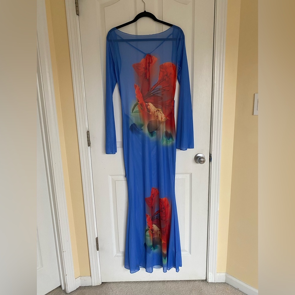 MISSGUIDED Women’s L Blue Sheer Floral Print Mermaid Hem Backless Maxi Dress - Picture 3 of 15